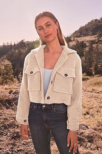 PRETTYGARDEN Womens Fall Clothes Sherpa Shacket Jacket Fuzzy Lapel Button Down Cropped Coat Winter Outerwear (Beige,Small)