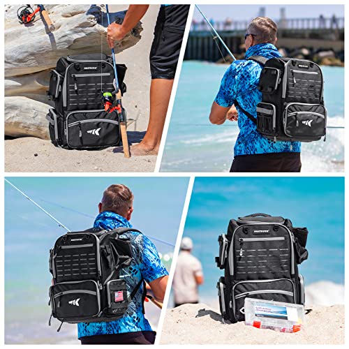 KastKing Bait Boss Fishing Tackle Backpack with Rod Holders-4 Tackle Boxes-Rain Cover,43L Large Storage for Fishing Gear,Black