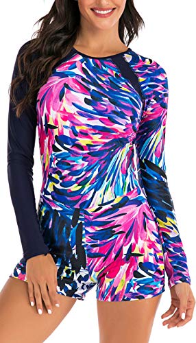 swimall Women Long Sleeve Bathing Suit One Piece Rash Guard Swimsuit Zipper Front Swimwear UPF 50+(Brown, XX-Large（16）)