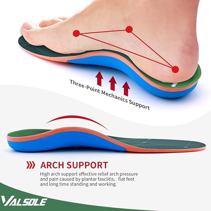 VALSOLE 220+ lbs Plantar Fasciitis Arch Support Shoe Inserts - Men Women Gel Orthotics for Flat Feet & High Arch Boot Insoles