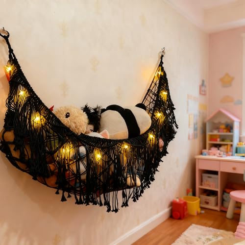 Stuffed Animal Hammock or Net With LED Lights Extra Large Wall Hanging Stuffed Animal Storage Nets for Teddy Bear Handmade Macrame Hanging Toy Net Hammock for Stuffed Animal Storage (Black)