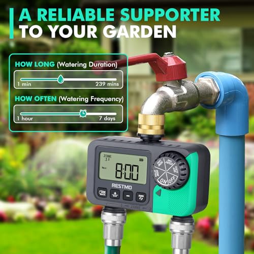 RESTMO Sprinkler Timer with Brass Inlet & Outlet, 2 Zone Programmable Water Timer for Garden Hose, 3 Separate Programs Hose Timer, Manual/Rain Delay/Automatic Watering for Drip Irrigation and Lawn