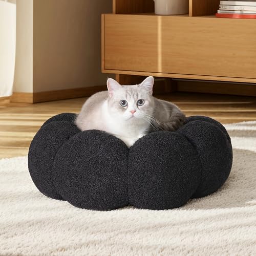 WESTERN HOME WH Calming Cat Beds for Indoor Cats-Fluffy Flower Cat&Dog Bed in Plush Teddy Sherpa, Round Donut Cuddler Puppy Bed, Non-Slip Machine Washable Pet Bed Fits up to 15 lbs, Black 20"