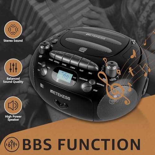 Retekess TR630 Cassette Tape Player, CD Boombox Radio, Portable CD and Cassette Player Combo, Recording Transcription, USB, Micro SD, LCD Display, for Home