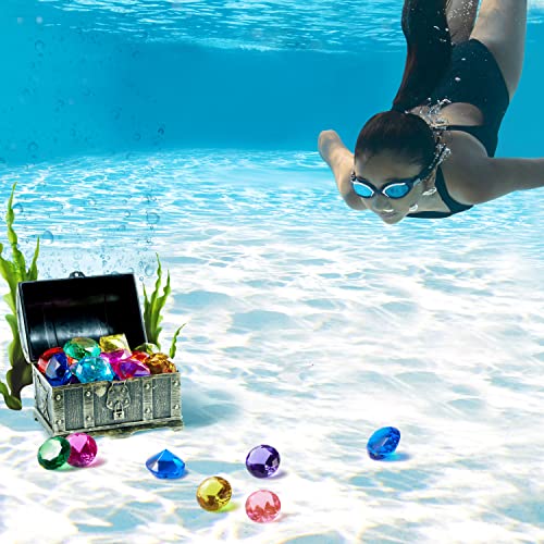 Sloosh Diving Gems Pool Toys, 16 Big Colorful Diamond with Pirate Treasure Chest, Swim Dive Toy for Kids Underwater Gemstone Swimming Training Gift Water Toys Pool Games（Gold）