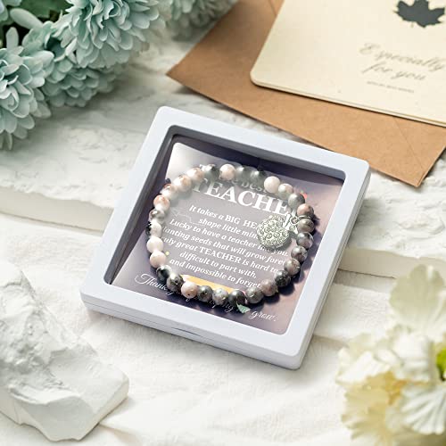 WATINC Teacher Appreciation Bracelet Gifts for Teacher Women, Thank You Teacher Natural Stone Bracelet with Sliver Charm Wish Card, Thanksgiving Teachers Day Elastic Bracelet Jewel (Pink)