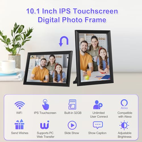 𝟯𝟮𝗚𝗕 Smart Digital Photo Frame, 10.1-Inch WiFi Digital Picture Frame with 1280x800 IPS FHD Touchscreen, Auto-Rotate Wall Mountable TF Card, Easy Share Photos/Videos via Uhale App from Anywhere