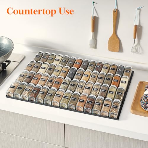 Lifewit Plastic Adjustable Spice Drawer Organizer, Expandable Spice Rack for Countertop, Jar Storage Tray for Condiment, Seasoning, Syrup,Liquor, Medicine for Kitchen, Pantry, Set of 8, Black