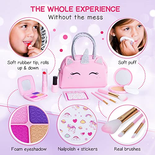 Pretend Play Makeup Kit for Little Girls with Unicorn Purse: Fake (Not Real) Make up Toy Set for Toddlers and Kids - includes Hair and Nails Accessories, Baby Girl Toys Princess Toddler Gift Set