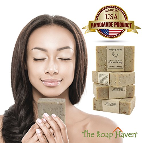 Oatmeal Soap - 4 Oatmeal & Honey Goat Milk Soap Bars. All Natural, Unscented Soap, SLS Free, NO Parabens, Handmade in USA.