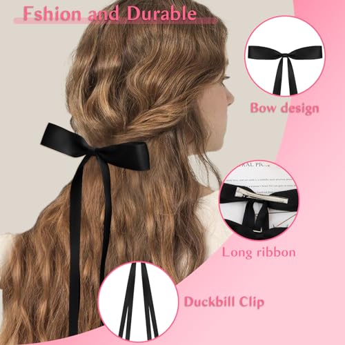 ANBALA Big Hair Bows for Women, 6 PCS Satin Ribbon Hair Bows Set, Tassel Bowknot Hair Clips with Long Tail, Cute Hair Barrettes Bowknot Tassel Claw Hair Clips for Girls (Black)