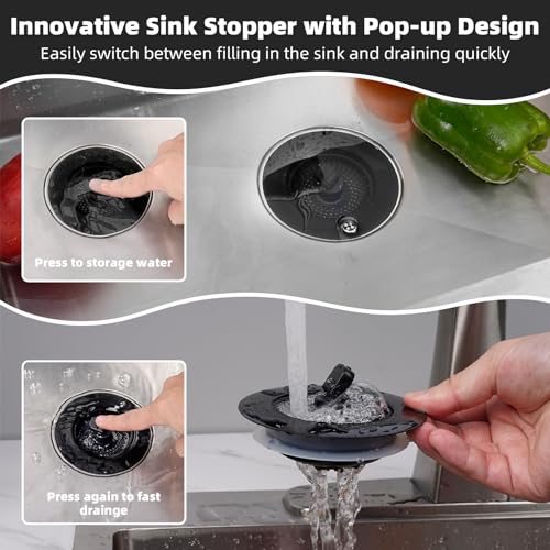 Hibbent 2 Pack Universal 3 in 1 Kitchen Sink Drain Strainer with Sink Stopper, Stainless Steel Wrapped Shell, SUS304 Anti-Clogging Basket Strainer, Fit for US Standard 3-1/2" Drain, Stainless Steel
