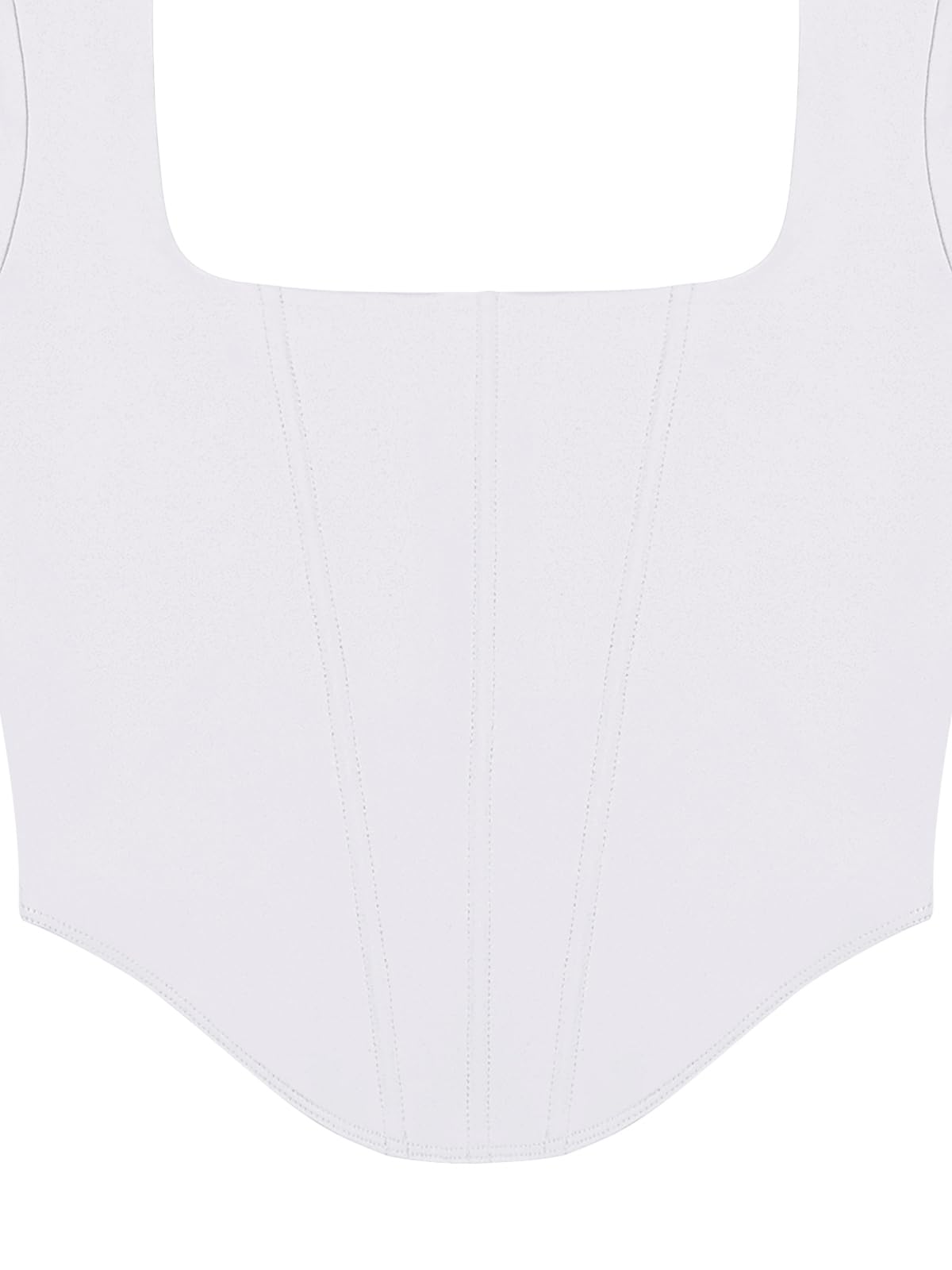 REORIA Womens Sexy Casual Square Neck Long Sleeve Backless Shirts Y2K Trendy Going Out Concert Outfits Boned Bustier Corset Crop Tops White Medium