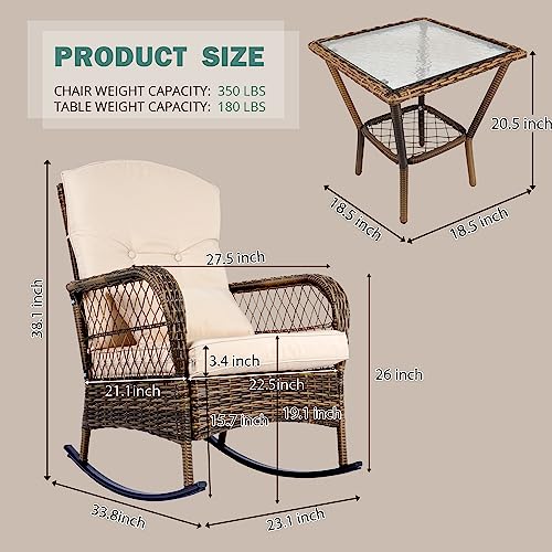 SENSWEET Wicker Rocking Chairs Set of 2, Rattan Patio Rocking Chairs, All-Weather Rocker Lawn Wicker Furniture for Porch Deck Garden Backyard(Beige)