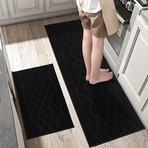 BEQHAUSE Washable Kitchen Rugs Sets of 2 Non Slip Kitchen Mats for Floor Absorbent Soft Kitchen Runner Rug for Kitchen Decor,Bathroom,Sink,Hallway,Door,Laundry,20”x30”+20”x48”,Black