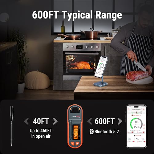 Thermopro TempSpike Plus 600FT Wireless Meat Thermometer with Upgraded Thinner Probe, Meat Thermometer Wireless with Standalone LCD Screen, Bluetooth Thermometer for BBQ Oven Grill Smoker Thermometer