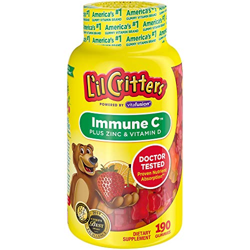 L’il Critters Immune C Daily Gummy Supplement Vitamin for Kids, for Vitamin C, D and Zinc for Immune Support, Orange, Lemon and Cherry Flavors, 190 Gummies