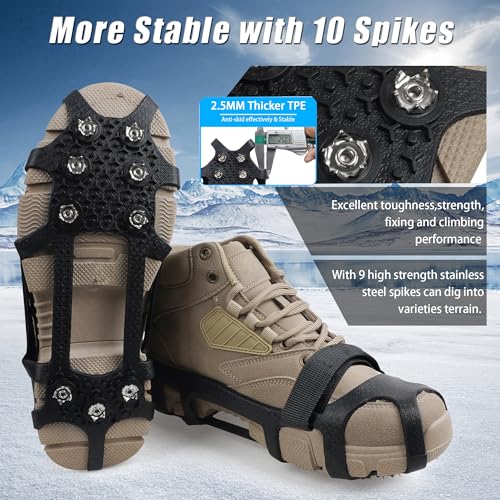 Walk Traction Ice Cleats, Anti-Skid Ice Snow Grips 9 Stainless Steel Studs Winter Crampons with Straps Over Shoe Boots for Hiking Climbing,Ice Fishing and Walking Small