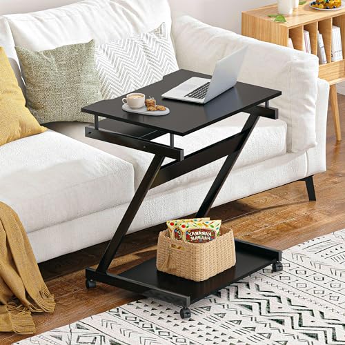 sogesfurniture Mobile Computer Desk, Small Rolling Work Workstation for Home and Office with Printer Shelf, Keyboard Drawers,23.6 x 18.9 x 28.7 Inches,BHUS-DX-8110-BB(Black)