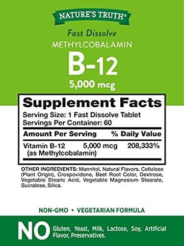 Nature's Truth B12 Vitamin 5000 mcg | 60 Tablets | Fast Dissolve Natural Berry Flavor | Vegetarian, Non-GMO & Gluten Free Supplement