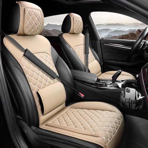 GEEYONTEK Leather Car Seat Covers Front Set, Universal Sideless Vehicle Cushion with Lumbar Support Pillow Storage Pocket Seat Belt Pads Car Cup Coaster, Fit for Most SUV Truck Pick-up (Black)