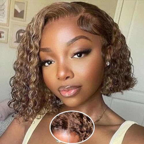 Fronbanis Chocolate Brown Glueless Wigs Human Hair Pre Plucked Pre Cut 180% Density Closure Wigs Human Hair Bob Wig Curly Human Hair Wig Wear and Go Glueless Wig for Women 16 Inches