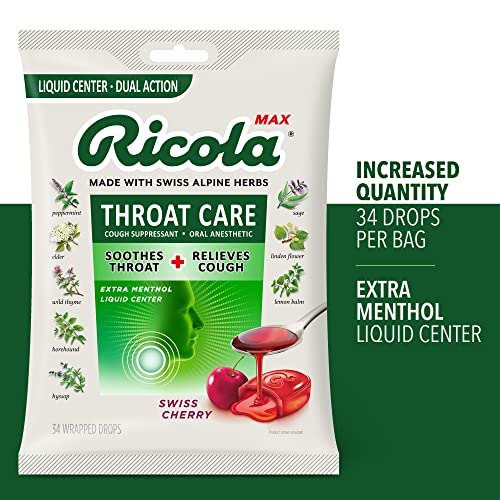 Ricola Max Throat Care Swiss Cherry Large Bags | Cough Suppressant Drops | Dual Action Liquid Center | Soothing Long-Lasting Relief - 34 Count (Pack of 2)