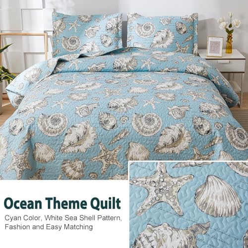 Junsey Beach Quilts Set Twin Size Ocean Theme Bedspreads,3 Pcs Seashell Conch Starfish Coverlet Set Lightweight Reversible Bedding with Pillow Shams,Blue
