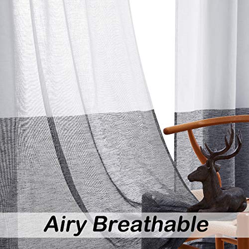 Central Park Black and White Stripe Sheer Color Block Window Curtain Panel Linen Drape Treatment for Bedroom Living Room Farmhouse 84 inches Long with Rod Pocket,2 Panel Rustic Living Panels