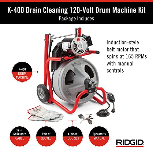 RIDGID 26998 Model K-400 Drain Cleaning 120-Volt Drum Machine Kit with C-45IW 1/2" x 75' Cable, White, Black, Red