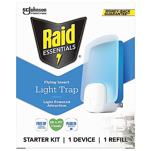 Raid Essentials Flying Insect Light Trap Starter Kit, 1 Plug-In Device + 1 Cartridge, Featuring Light Powered Attraction