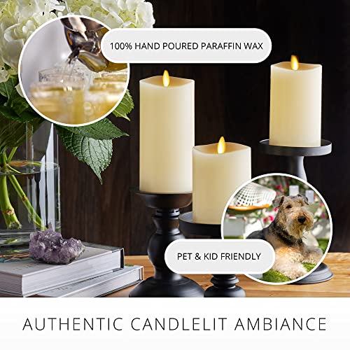 Luminara Realistic Artificial Moving Flame Pillar Candles - Set of 3 - Melted Top Edge, LED Battery Operated Lights - Unscented - Remote Included- 3" x 4.5", 3" x 5.5", 3" x 6.5" (White)