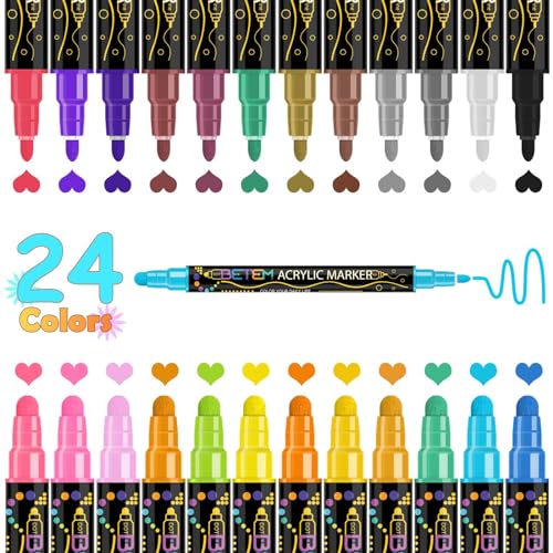 Betem Colors Dual Tip Acrylic Paint Pens Markers, Premium Acrylic Paint Pens for Wood, Canvas, Stone, Rock Painting, Glass, Ceramic Surfaces, DIY Crafts Making Art Supplies (12 Colors Paint Markers)