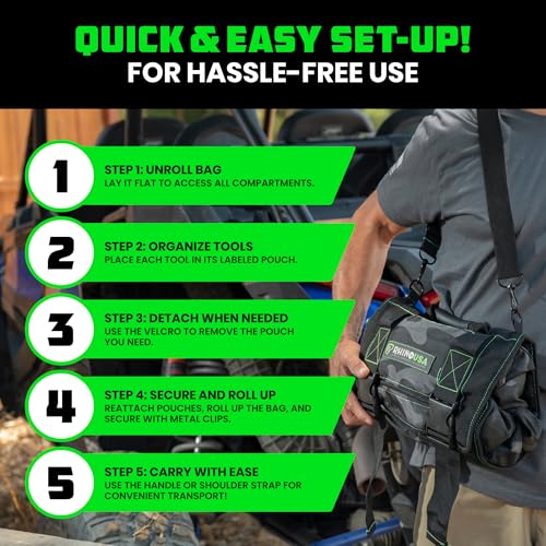 Rhino USA Tool Bag Roll - Heavy Duty Canvas Organizer Pouch for Tools - Ultimate Travel Tool Storage Kit for UTV, Car, Truck, 4x4 Offroad - Upgraded with Labeled & Removable Pouches - Secured for Life