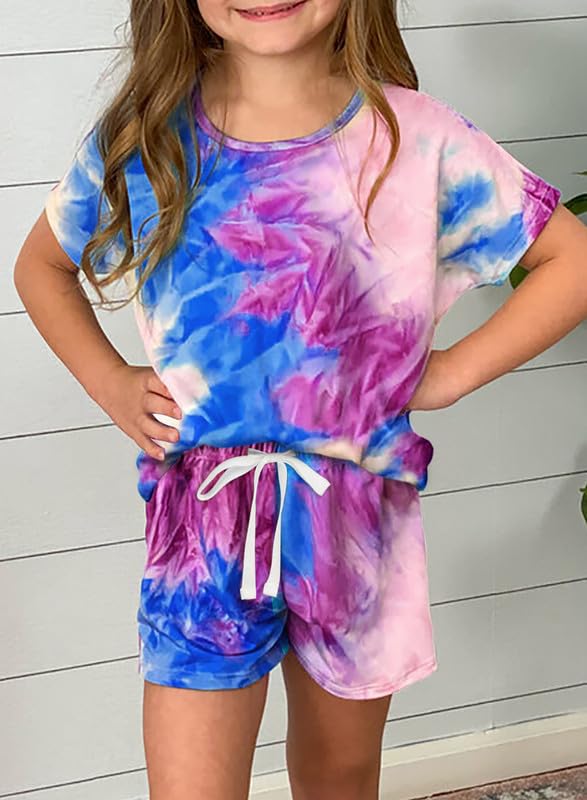 Dokotoo Girls Summer Casual Cute T-Shirt Shorts Outfits Set Short Sleeve Tops Tee Clothes Round Neck Tie Dye Stretchy Drawstring Waist Shorts with Side Pockets 2024 Size 10-11 Purple