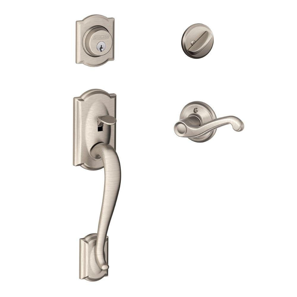 SCHLAGE Camelot Single Cylinder Handleset and Left Hand Flair Lever, Satin Nickel (F60 CAM 619 FLA LH)