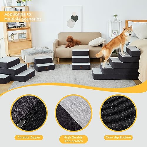 Pettycare Dog Stairs for Small Dogs - Foam Pet Steps for High Beds and Couch, Non-Slip Folding Dog Steps Portable Pet Stairs for Large Dog and Cats,3 Step, Beige