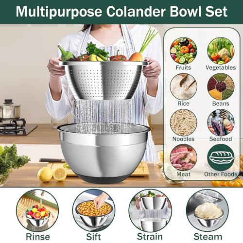 Mixing Bowls with Airtight Lids, Stainless Steel Mixing Bowl Set with 3 Metal Nesting Bowls, Colander & Grater, Non-Slip Bottoms, Size 1.5, 2.5, 6 QT, Great for Mixing & Serving, Black