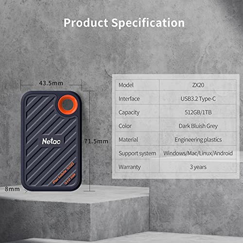 Netac 512GB Extreme Portable SSD External Solid State Drives Up to 2000MB/s Read 1700MB/s Write Speed, USB 3.2 Gen.2 Business Travel Essential Supports Win to Go Dust-Resistant