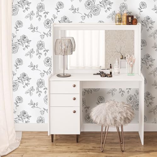 Qianglive Peel and Stick Floral Wallpaper White and Black Vinyl 17.3"×80" Contact Paper Waterproof for Cabinets liveroom Bedroom