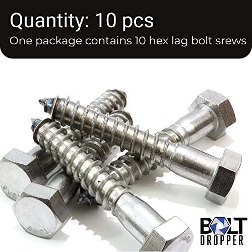 Bolt Dropper 1/2" x 3" Stainless Hex Head Lag Bolt Screws, (10 Pack), 304 (18-8) Stainless Steel Coach Bolts/Large Screws for Wood with Plain Finish by Bolt Dropper