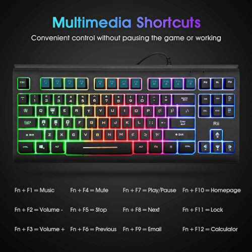 Rii Gaming Keyboard,87-Keys RGB Backlit Compact Keyboard,Silent Computer Keyboard,USB Wired Keyboard for Laptop,PC,Windows,Mac