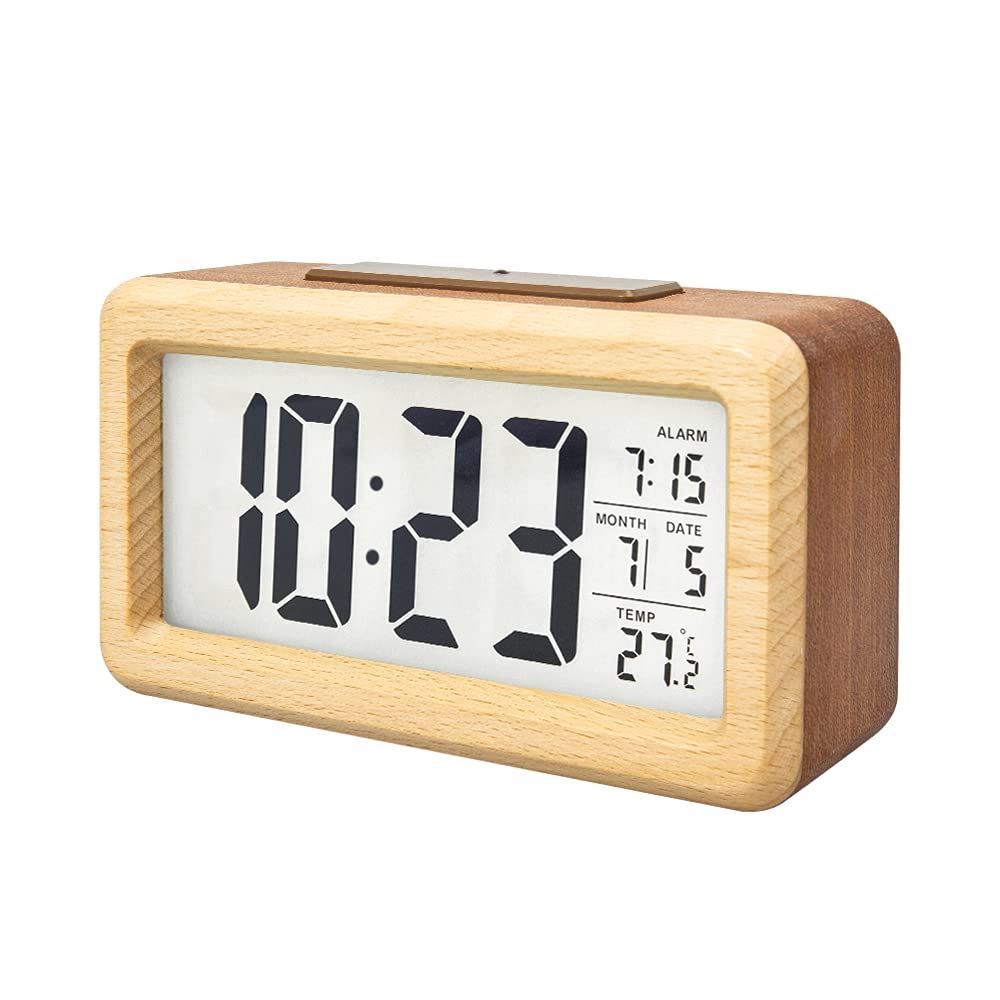 everwood Wooden Digital Alarm Clocks for Bedrooms Battery Operated, Wooden LCD Digital Clock with Smart Sensor Night Light, Temperature Detect, Snooze Function