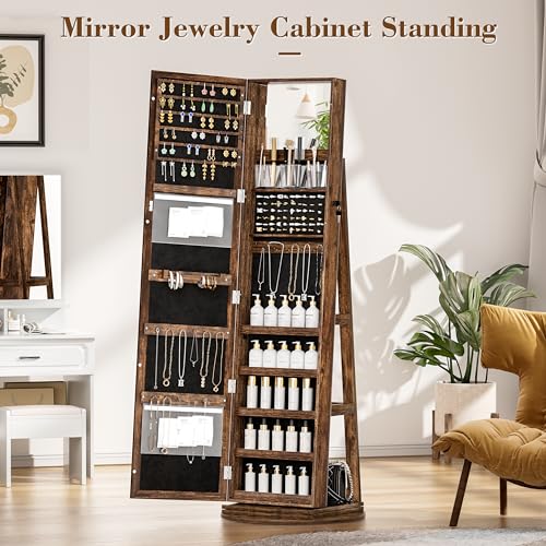 TJYGO Full-Length Mirror Jewelry Armoire, Lockable Jewelry Cabinet Standing with Inside Makeup Mirror, Jewelry Storage with Back Storage Shelves, Brown