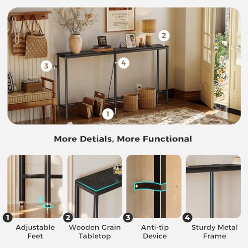 SUPERJARE Console Table with Outlet, 63 Inch Sofa Table with Charging Station, Narrow Entryway Table, Skinny Hallway Table, Behind Couch Table, for Living Room, Plants, Black