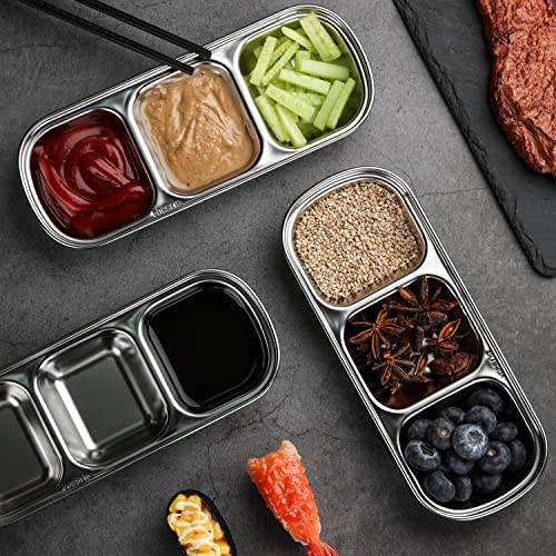 CHWAIKA 3pcs Stainless Steel Soy Sauce Dish Dipping Bowls 3 Grids Divided Sauce Dishes Side Dishes for Soy Sauce, Ketchup, Seasoning, Sushi (3 Grid)