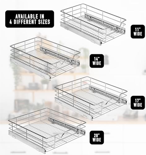 HOLD N’ STORAGE Heavy-Duty Premium Collection Pull Out Cabinet Organizer - Pantry Drawer Slide Out Caddy -Lifetime Limited Warranty - Basket Size 11" W x 21" D x 5" H, Anti-Rust Chrome Finish