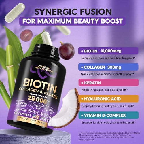 Biotin | Collagen | Keratin - Clinically Tested Supplement - Hair Growth Support - Skin & Nails Complex 25000 mcg - Hyaluronic Acid | B2 | B3 | B6 | B7 - Made in USA - For Women & Men | 60 Capsules