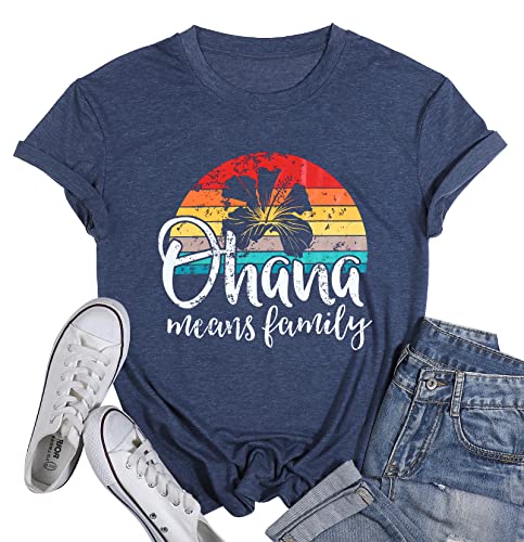 Hawaiian Shirts Women Ohana Means Family Shirt Hawaii Tropical Graphic Tees Summer Beach Tops Vacation Camping Outfits Blue