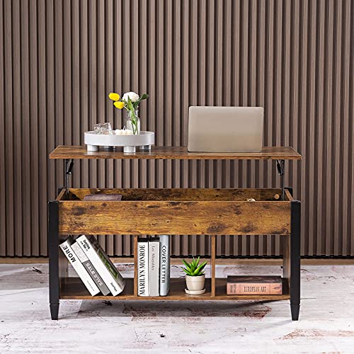 VINGLI Color Upgraded Farmhouse Lift Top Coffee Table, Rustic Grey Coffee Table with Lift Top, Lift Up Pop Up Coffee Table with Storage Shelf/Hidden Compartment, Coffee Table Mesa De Centro para Sala